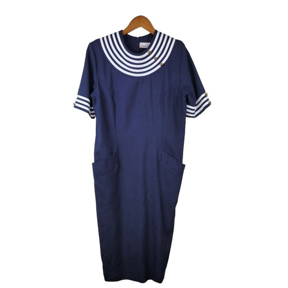 Vintage 90s Sailor Shirt Dress Size 12 Midi Navy Blue Embroidered Stripe Sheath - Picture 5 of 7